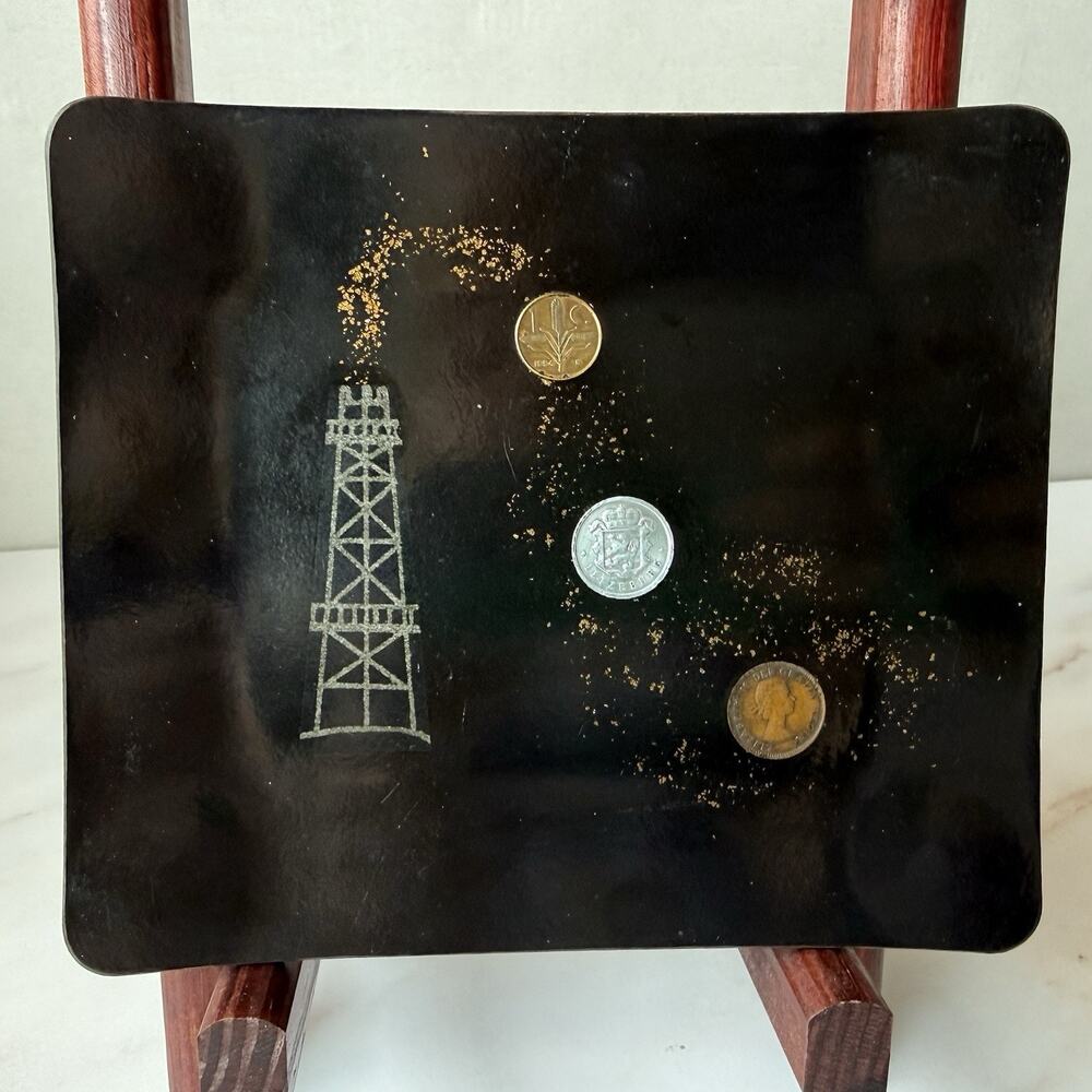 Vintage MCM Couroc Tray Oil Derrick Three Inlaid Coins 1954 Letzeburg QEII Money